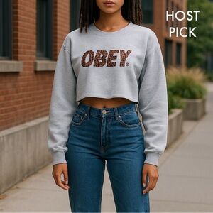 OBEY Leopard Logo Custom Cropped Sweatshirt in Gray Small